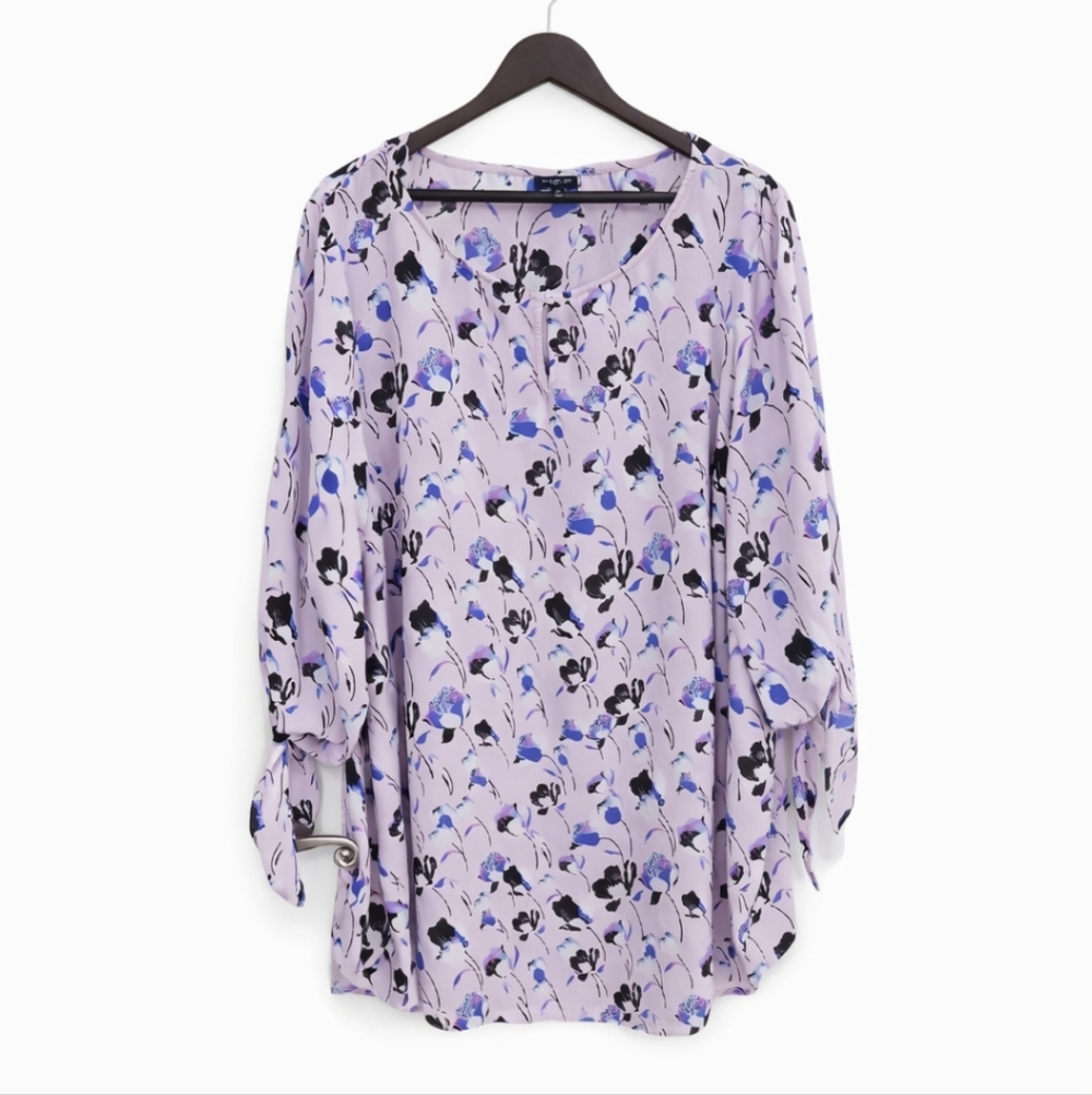 Talbots Lilac Floral Longline Tunic Top With Self Tie Sleeves Sz 2X